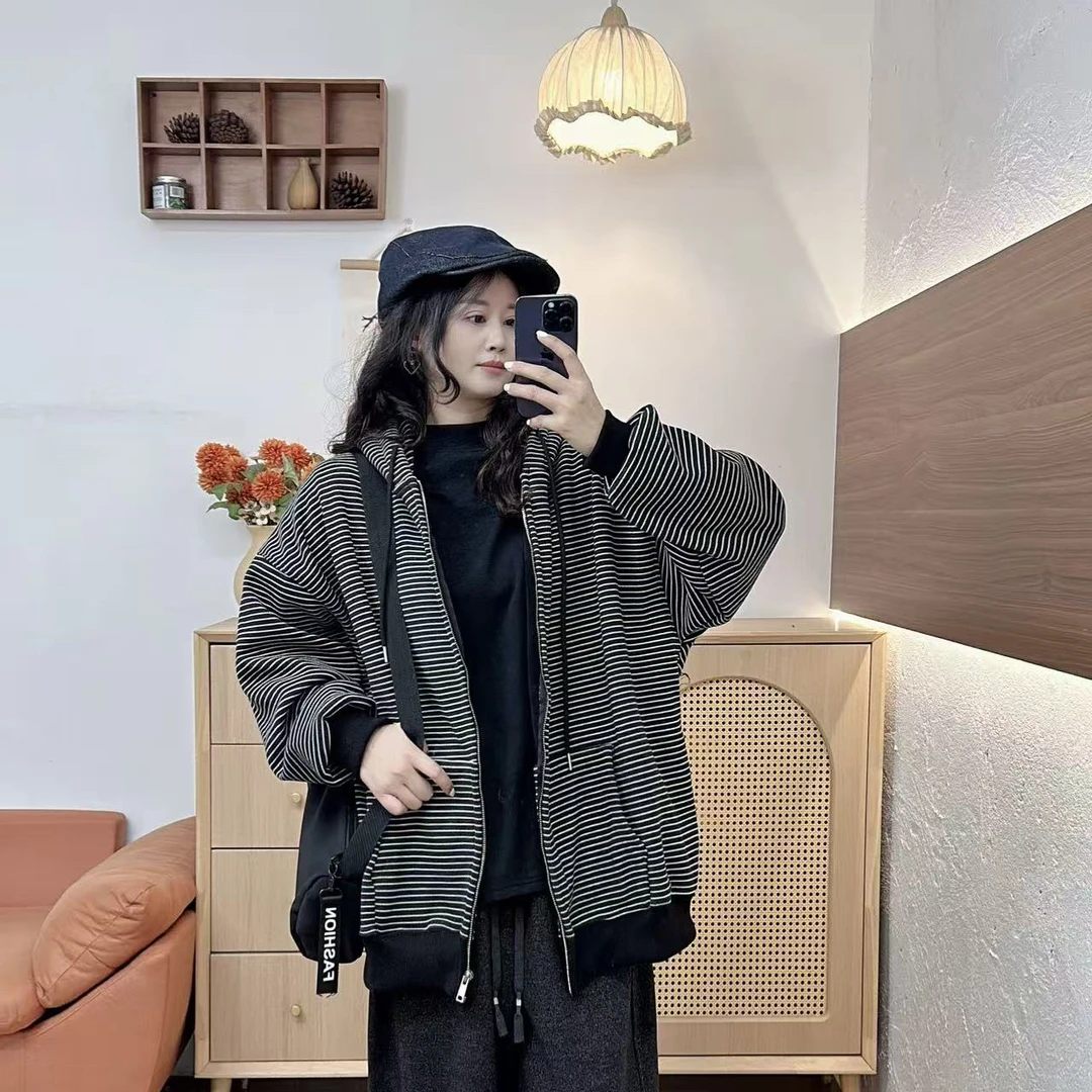 1901 新款美式慵懒复古拉链条纹开衫卫衣