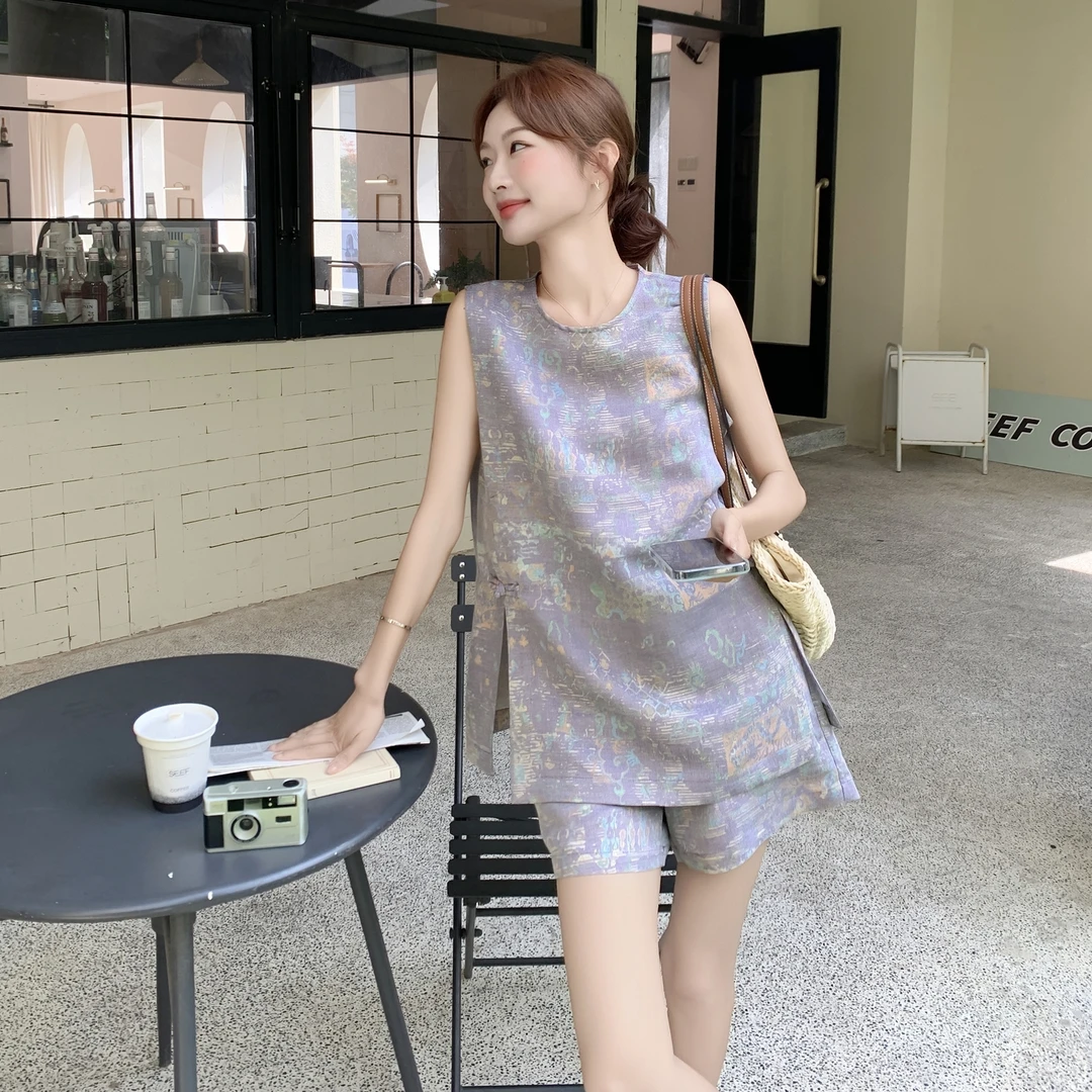 渐变紫新中式无袖背心上衣阔腿裤套装两件套女夏高级感法式名媛风