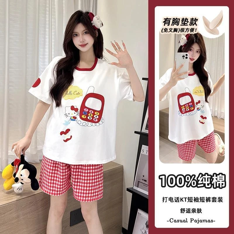 纯棉睡衣女2025年新款夏季带胸垫短袖短裤100%全棉夏天家居服套装