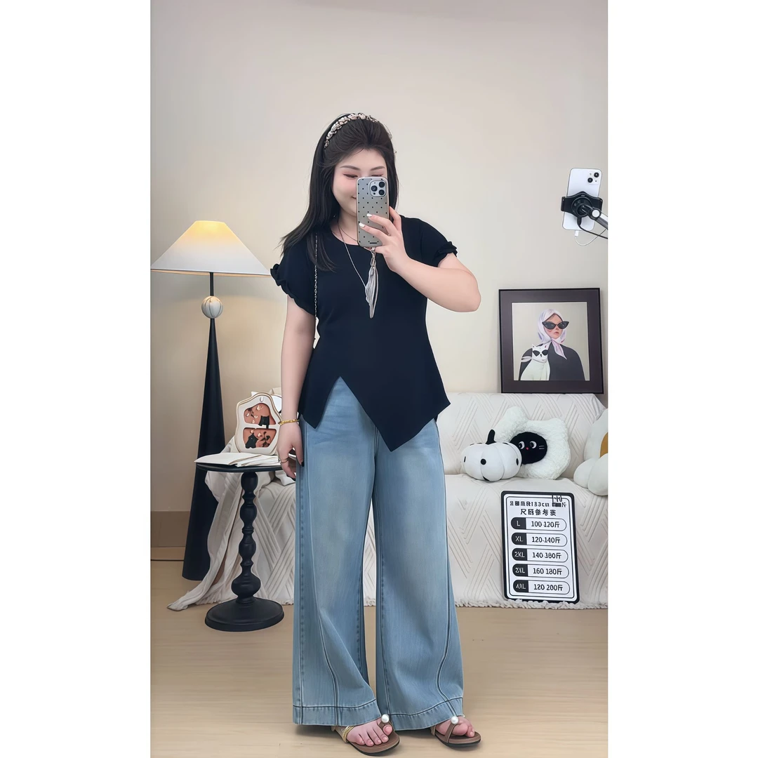 套装女装春秋新款微胖大码胖mm短袖上衣直筒牛仔裤阔腿裤女两件套