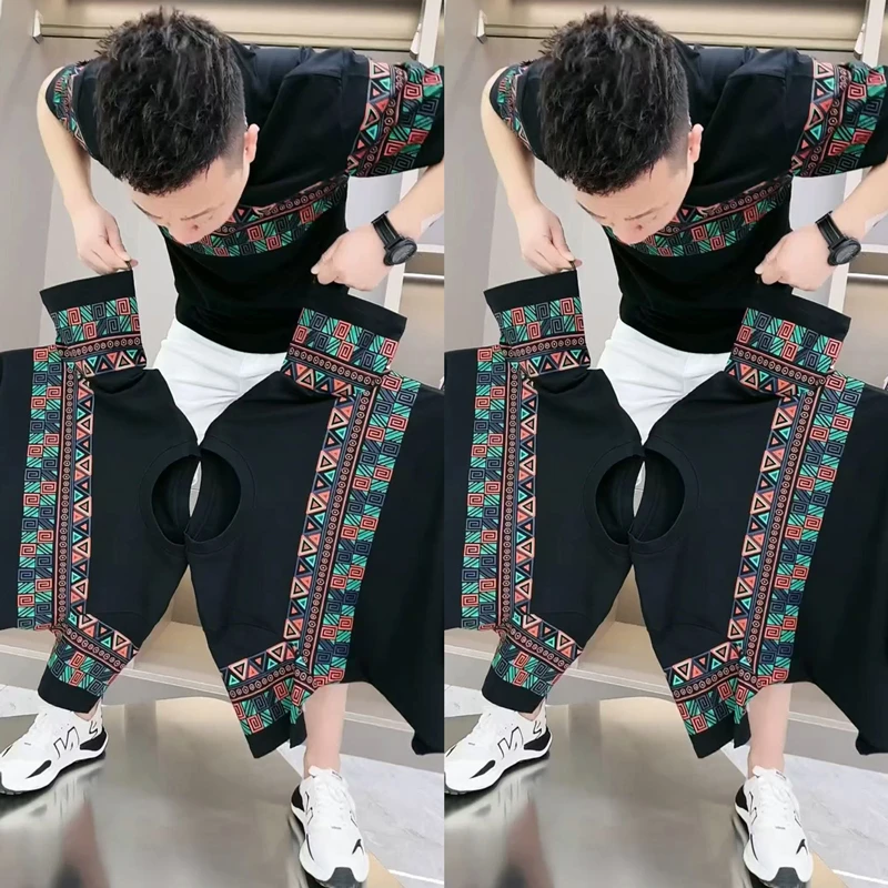 夏季新款男士百搭短袖T恤上衣半袖男潮圆领腰果花休闲宽松潮流帅