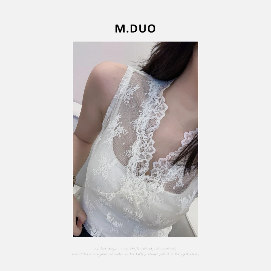 M.DUO 修身薄款性感美背显瘦女士钩花V领蕾丝背心3017