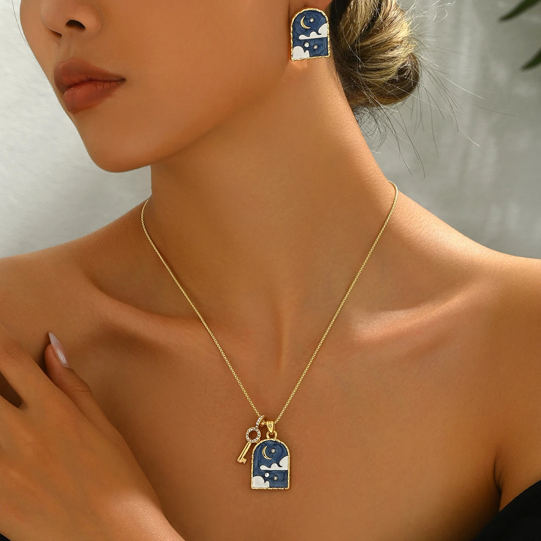 合金合成锆石吊坠 欧美时尚女士吊坠项链耳环套装小众塔罗牌镶钻