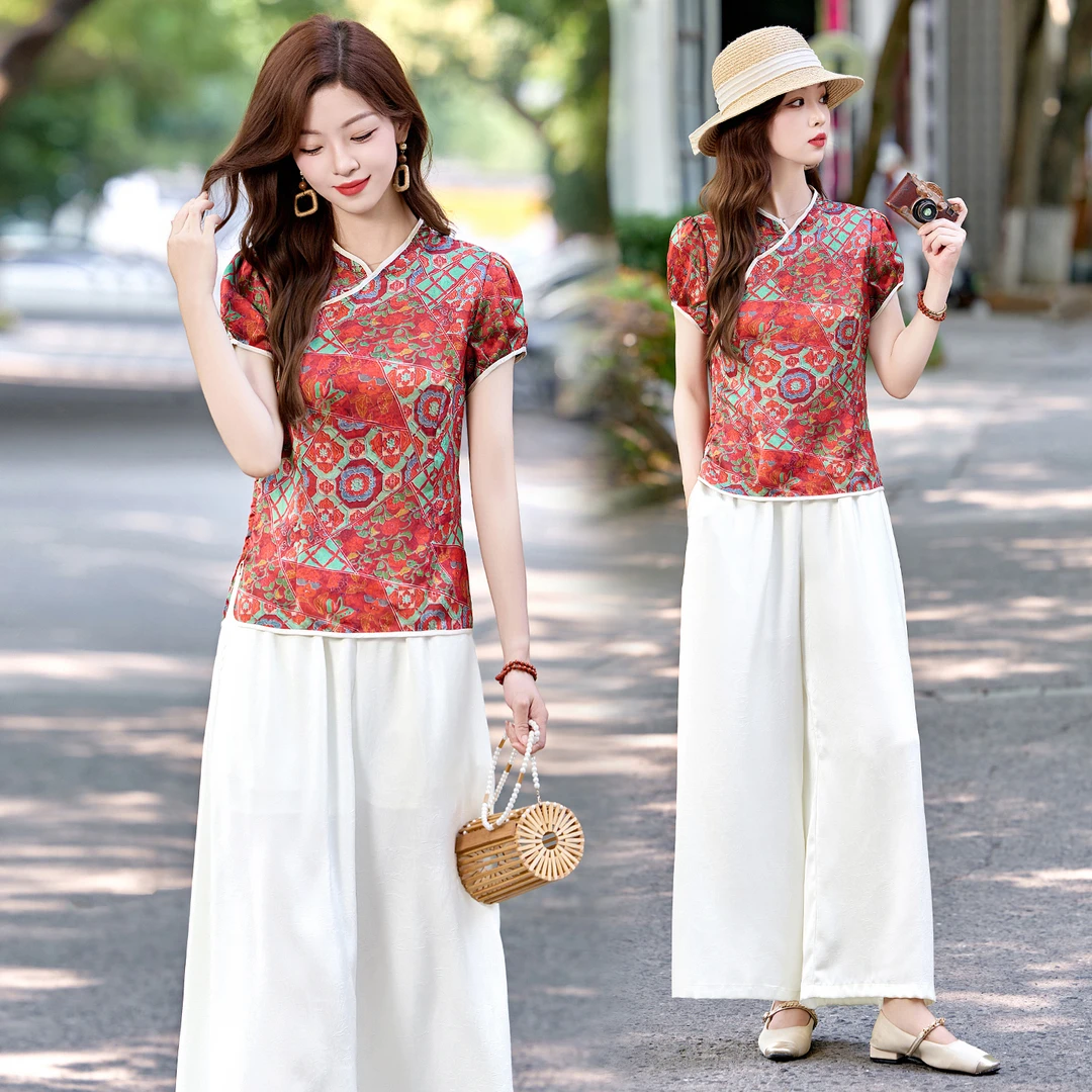 新中式中国风短袖女装文艺22025新款复古印花民族风时尚两件套