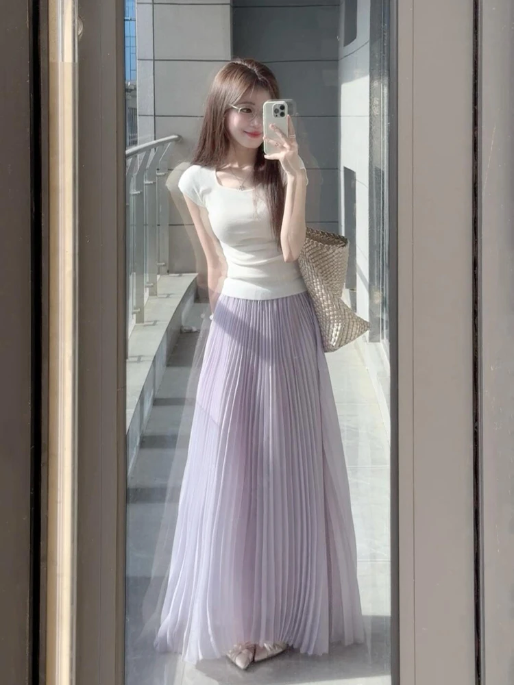 2025夏季新款韩系气质修身穿搭白色短袖T恤紫色百褶半身裙两件套