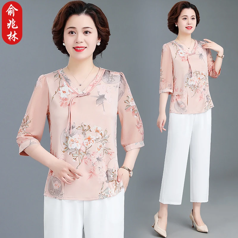 母亲节中年妈妈夏装雪纺小衫洋气中老年女装夏季七分袖衬衫两件套
