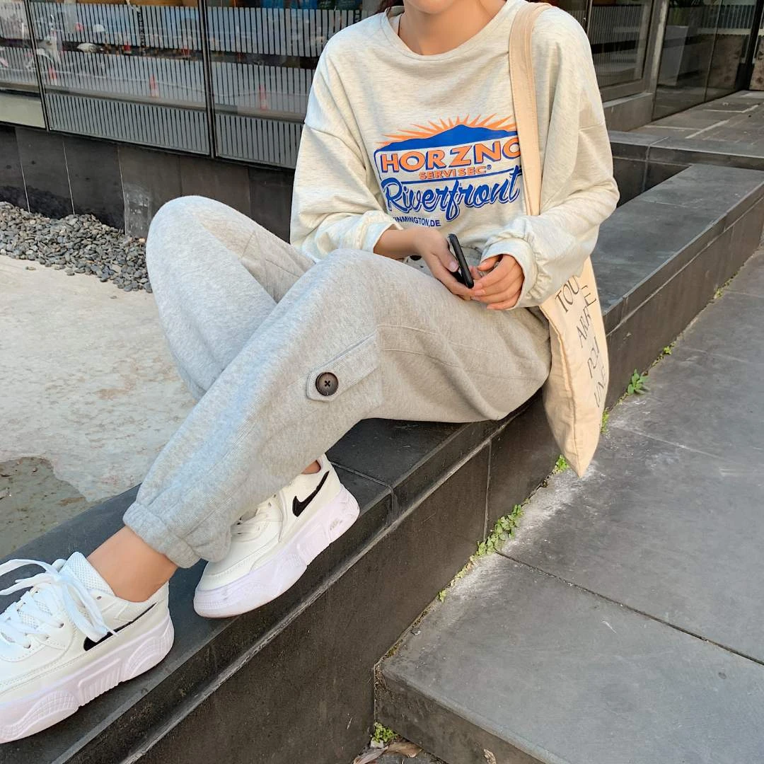 109小腿纽扣运动裤女加绒束脚深灰浅灰