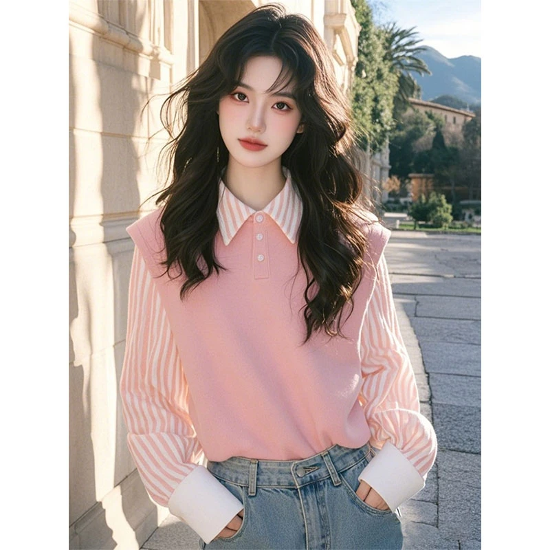 粉色POLO领拼接假两件衬衫女秋季2025新款设计感洋气宽松衬衣上衣