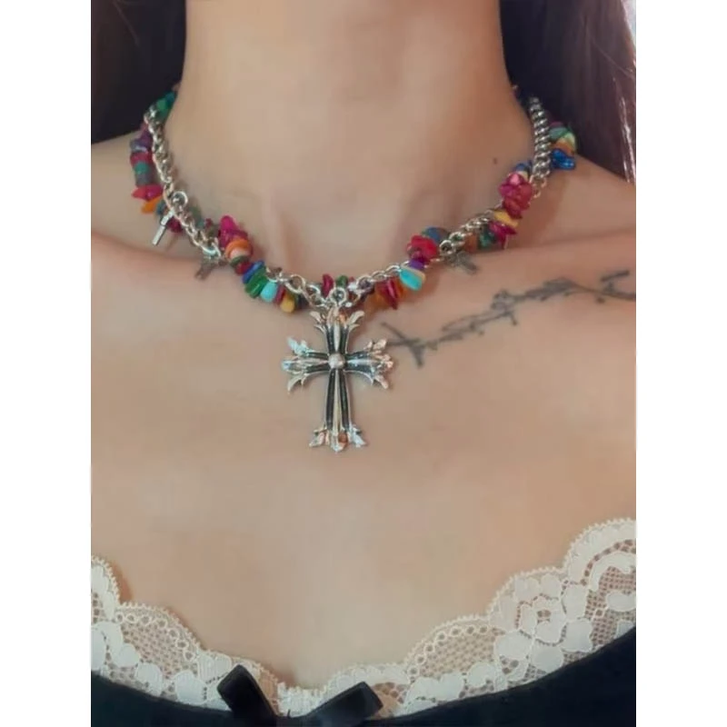钛钢合成锆石项链 彩色不规则碎石十字架项链女个性锁骨链小众