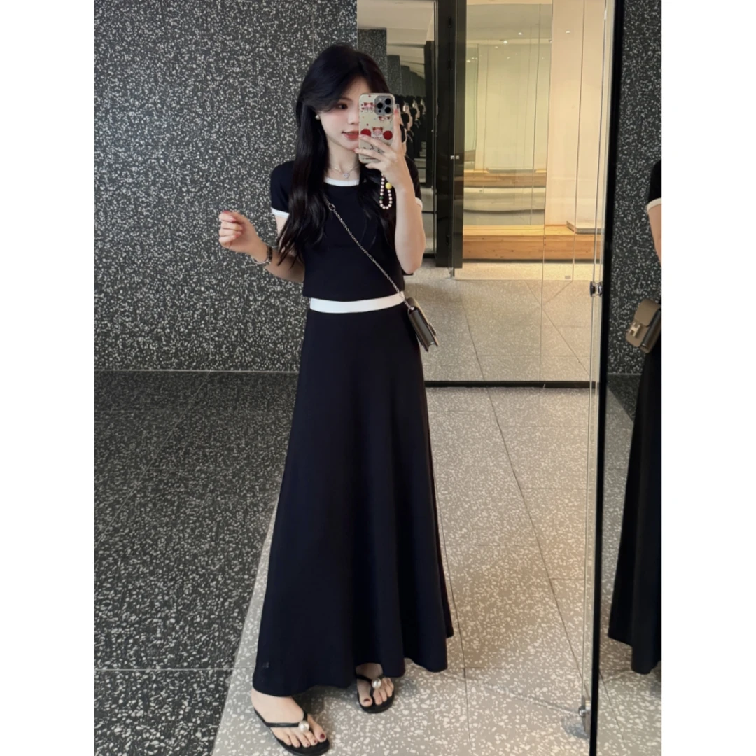 韩系穿搭一整套女装夏季2025新款撞色拼接短袖T恤半身裙长款a字裙