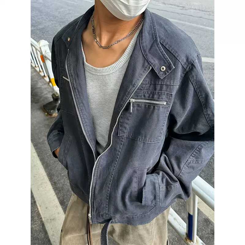 藏青色短款牛仔外套男款春季高级感水洗牛仔衣美式立领哈灵顿夹克