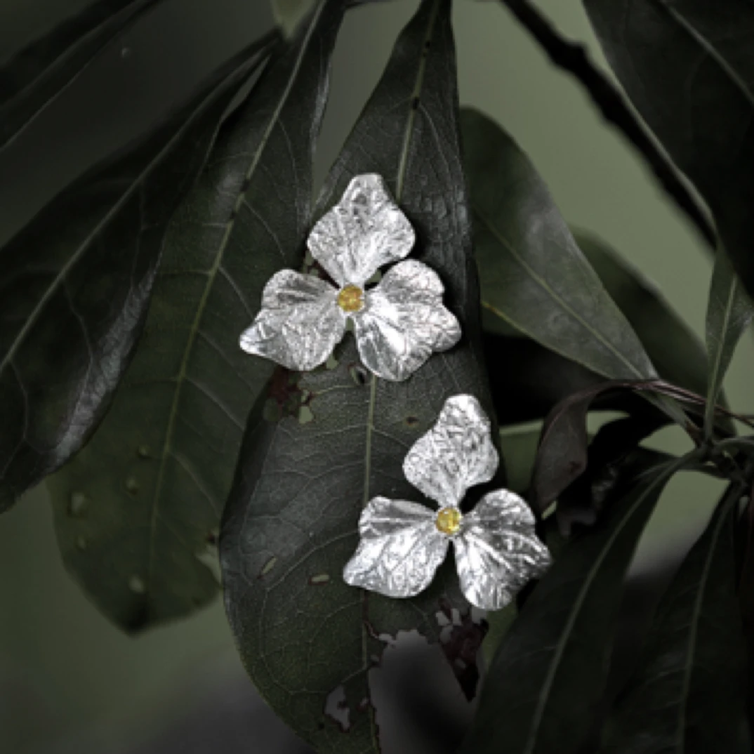 925银合成锆石耳饰 原创设计手工银饰绣球花植物花朵耳环流苏耳饰