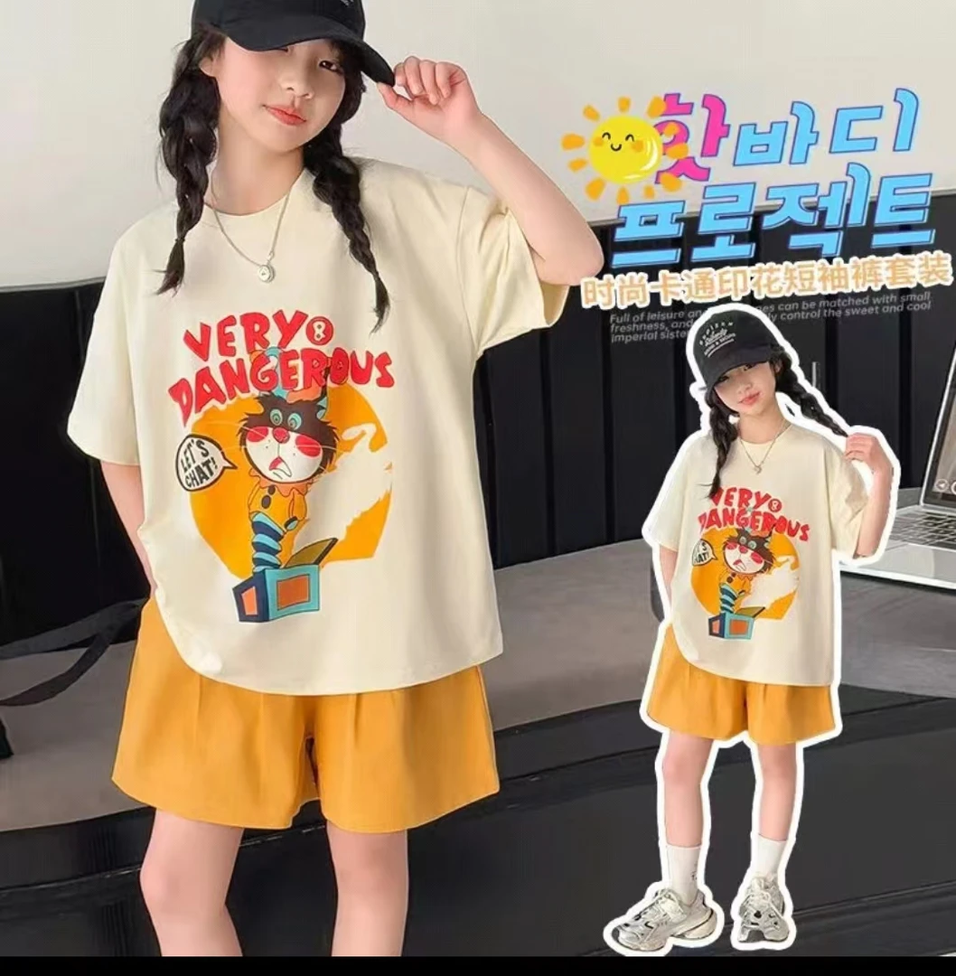 女童2025夏季短袖套装新款T恤洋气女中大童夏装薄款休闲短裤套装
