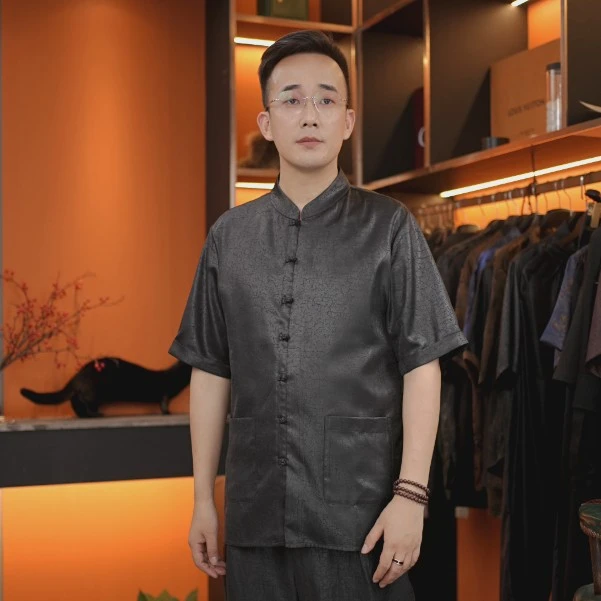 龟裂纹老料香云纱男装植物染色桑蚕丝中国风短袖唐装男装