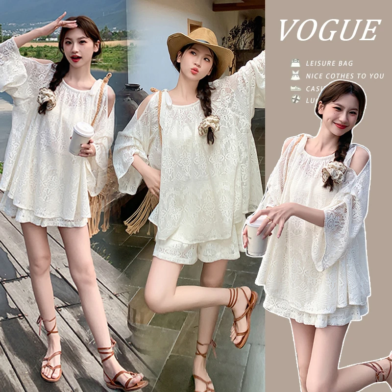 时髦孕妇装新款法式复古蕾丝刺绣防晒上衣套装宽松显瘦短裤两件套