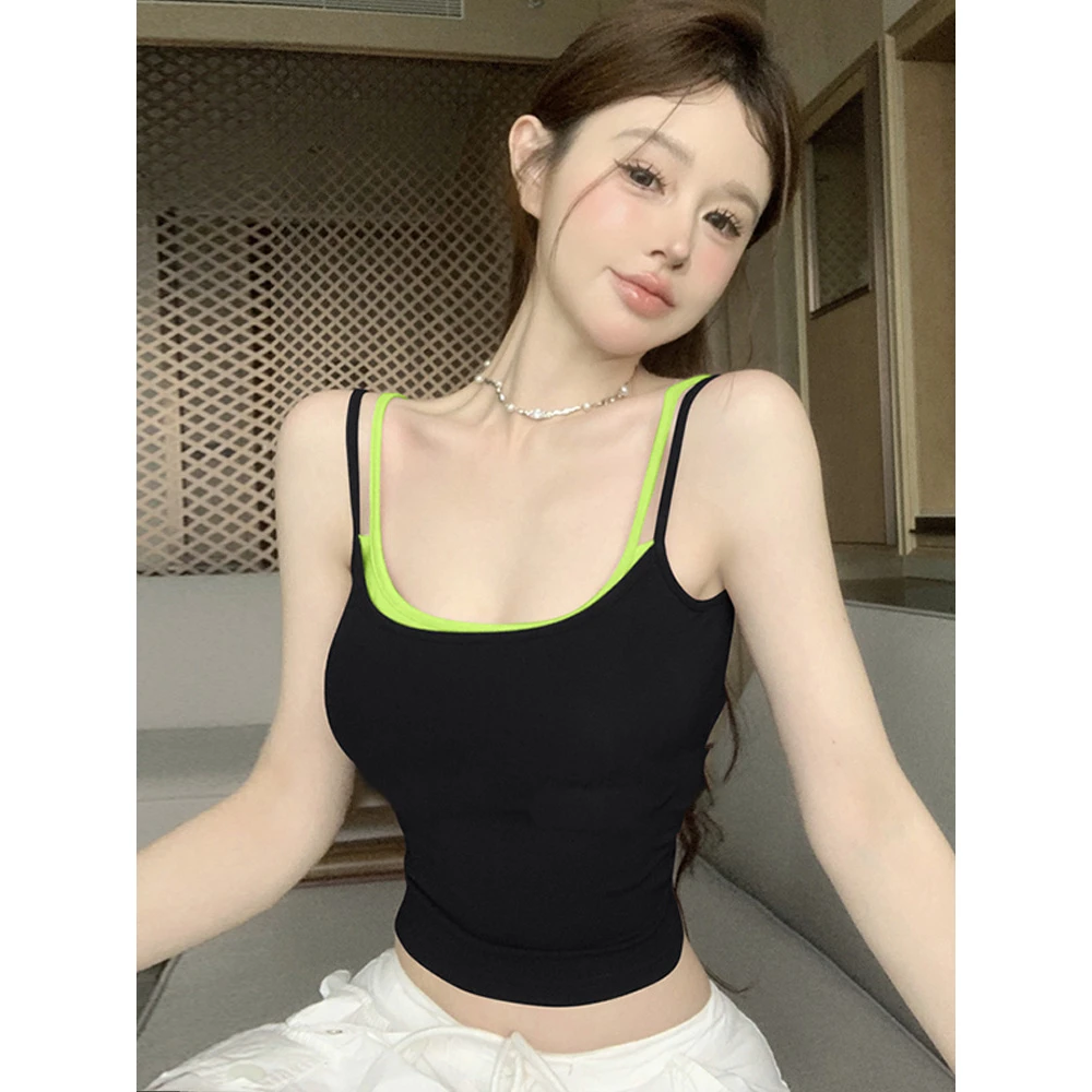 纯欲假两件撞色双肩吊带背心女春季新款性感辣妹风带胸垫短款上衣
