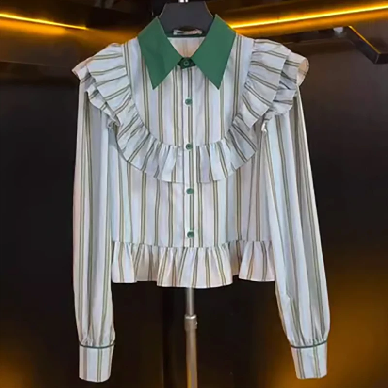 早春女装2025新款时尚气质条纹荷叶边单排扣设计感长袖POLO领衬衫