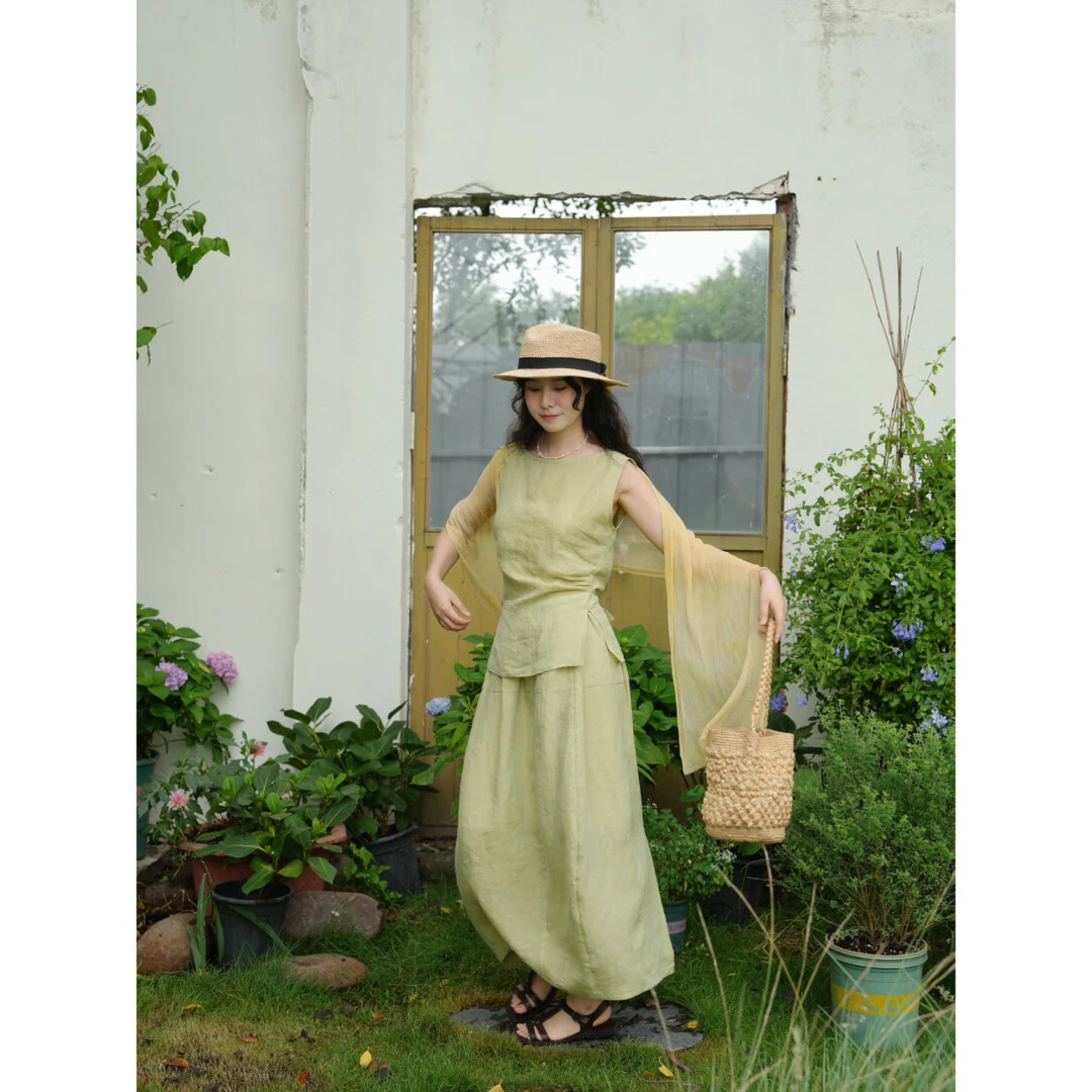 夏-杜衡 50汉麻50亚麻 色织黄绿捏褶上衣＋气球半裙 遮胯 遮小肚子