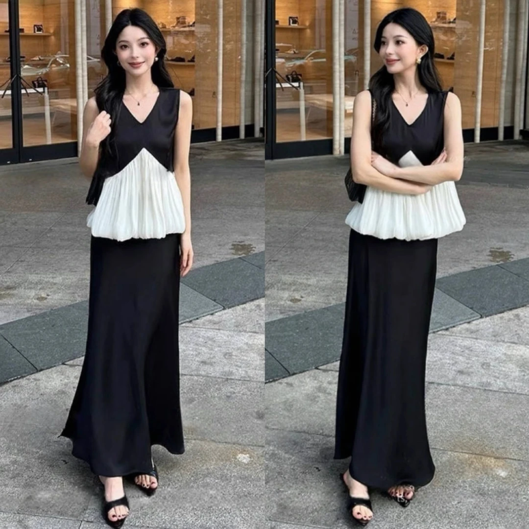 2025夏季新款气质休闲时尚套装女黑白拼接背心+高腰半身裙两件套