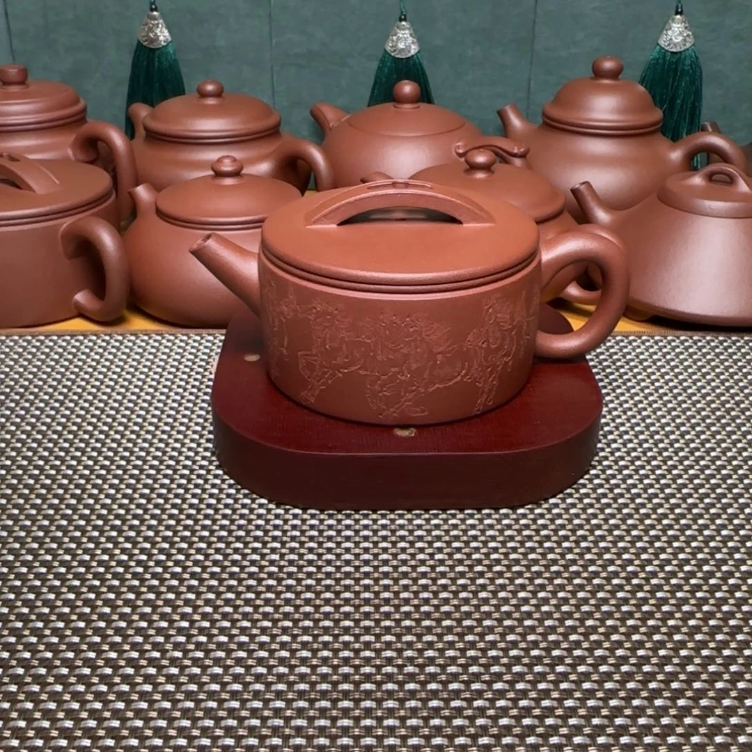 渡***己紫砂茶壶底槽清八骏图汉瓦壶180ml