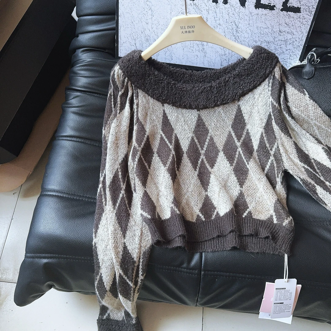 丨秋冬新款法式大圆领气质菱格百搭套头针织衫 5293