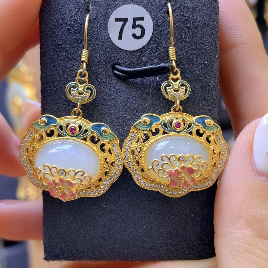 和田玉银S925镀金镶嵌耳饰