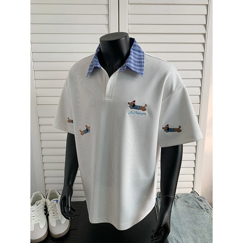腊肠狗假两件短袖Polo衫男夏季刺绣T恤美式潮牌潮流宽松半袖上衣