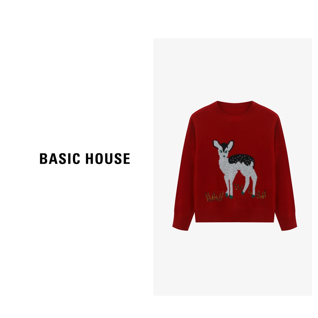 Basic House/百家好时尚撞色小鹿羊毛衫-B06245C5612