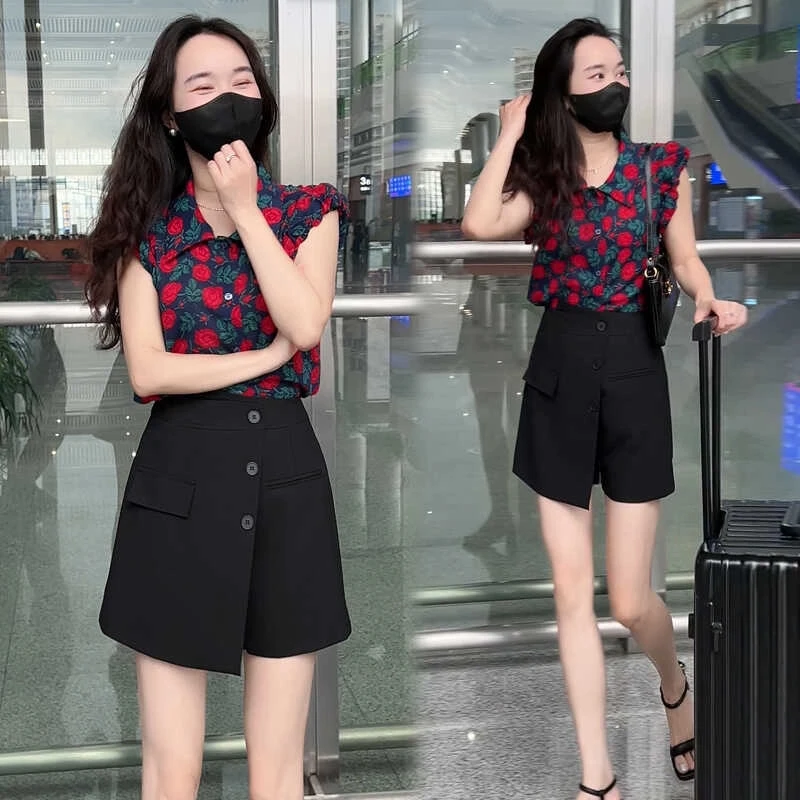 时尚套装女2024夏季今年流行洋气碎花雪纺衬衫高腰裤裙气质两件套