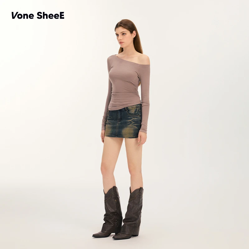 Vone SheeE 美式复古斜肩长袖t恤上衣早秋辣妹衣服新款2024爆款女