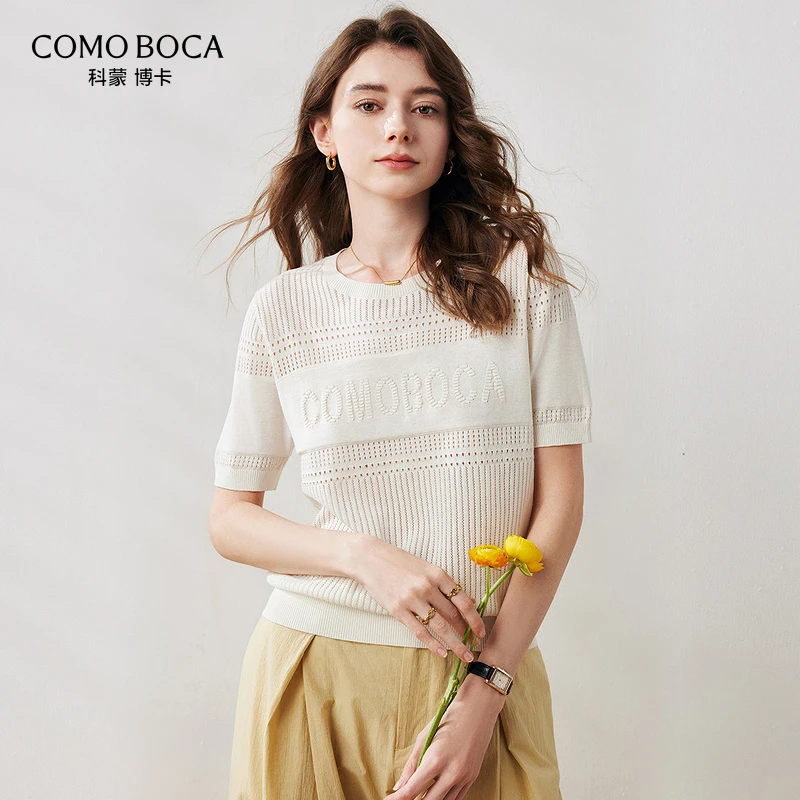 COMOBOCA/科蒙·博卡气质镂空桑蚕丝短袖圆领女套衫透气T恤KSS1052