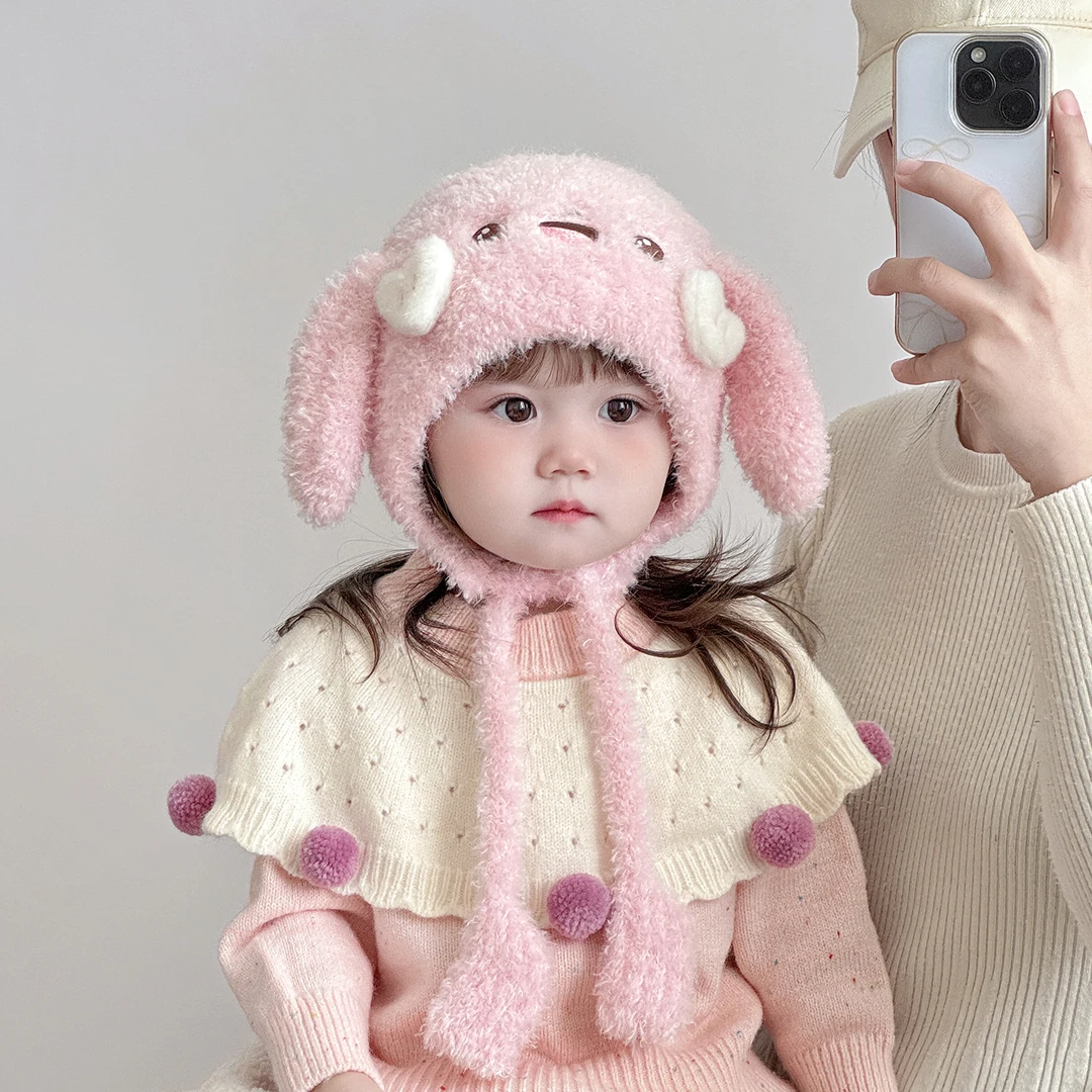 儿童帽子冬天毛线帽宝宝可爱卡通加厚保暖针织护耳帽毛绒帽防风帽