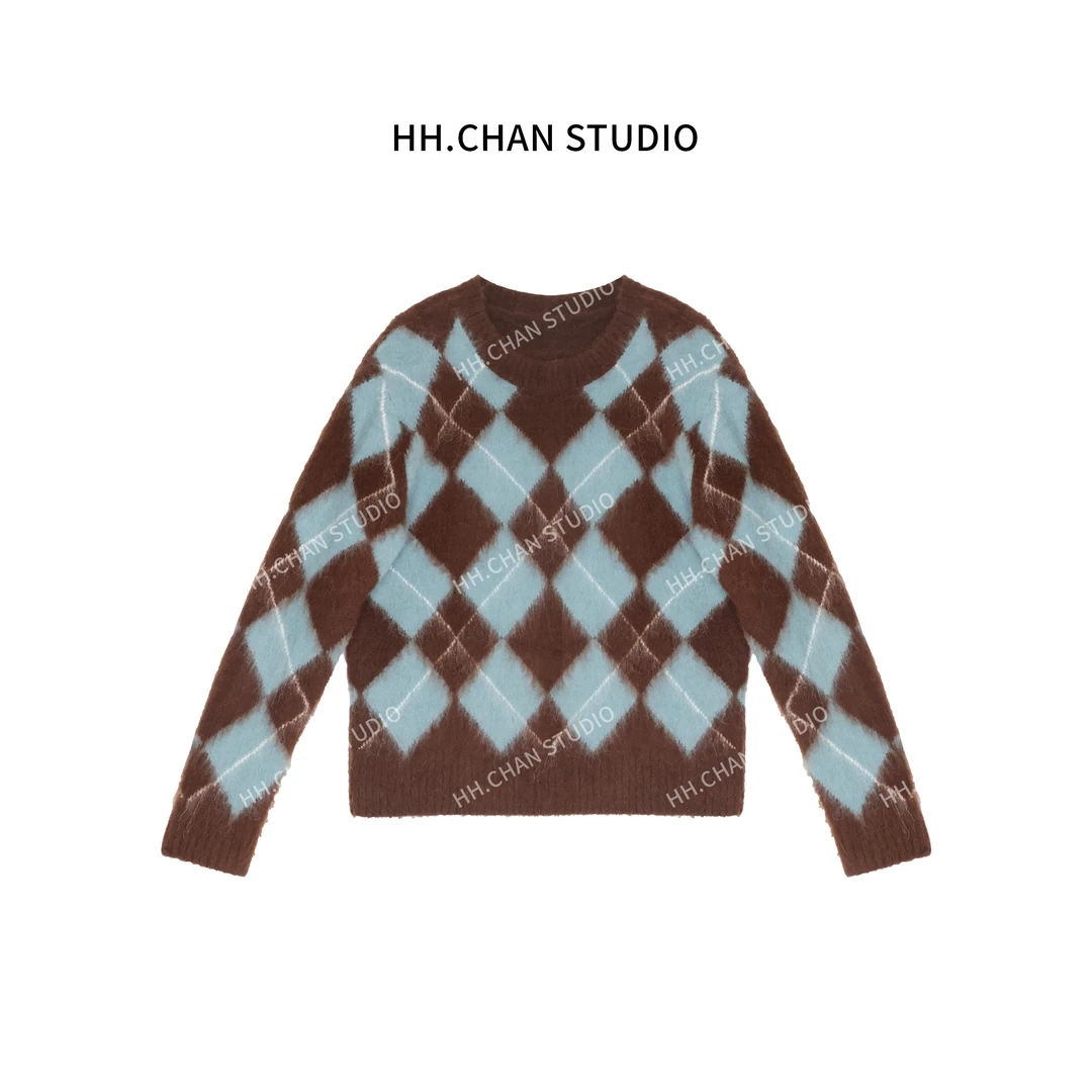 HH.CHAN“熔岩生巧”高定羊驼毛羊毛ami薄荷蓝菱格纹圆领绒感毛衣