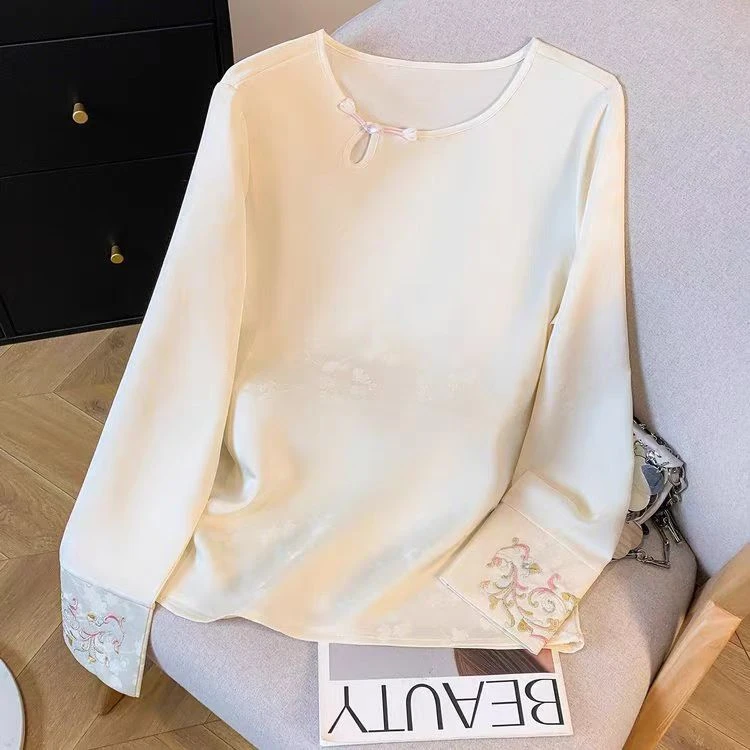 【松梢月】新中式国风重工刺绣圆领百搭时尚复古春款打底T恤上衣069