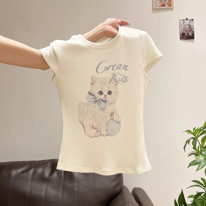 韩系气质猫咪印花设计感短袖T恤女夏季时尚百搭修身显瘦正肩上衣