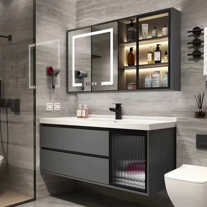 25铁灰色简约智能实木高颜值陶瓷一体盆多层轻奢浴室柜置物原木色