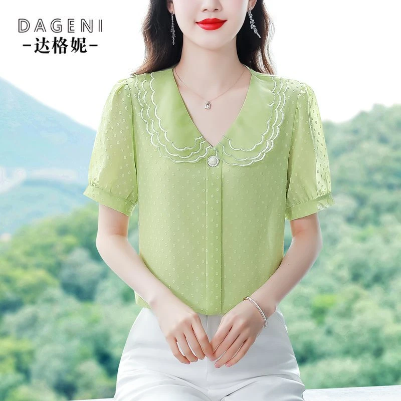 时尚娃娃领减龄波点衬衫女夏季新款遮肚显瘦短袖雪纺小衫减龄上衣