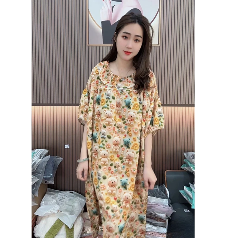 5D小熊夏季凉爽绵绸大码宽松版高档睡裙女（5D小熊睡裙）