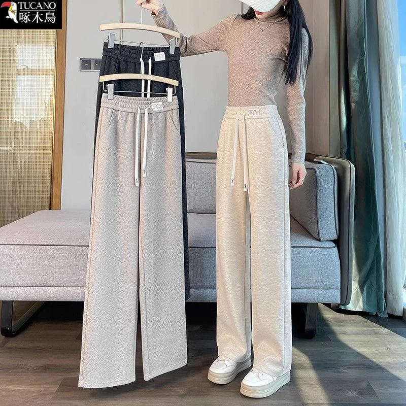 啄木鸟高腰显瘦秋冬人字纹毛呢阔腿裤2025年新款韩版百搭休闲裤女