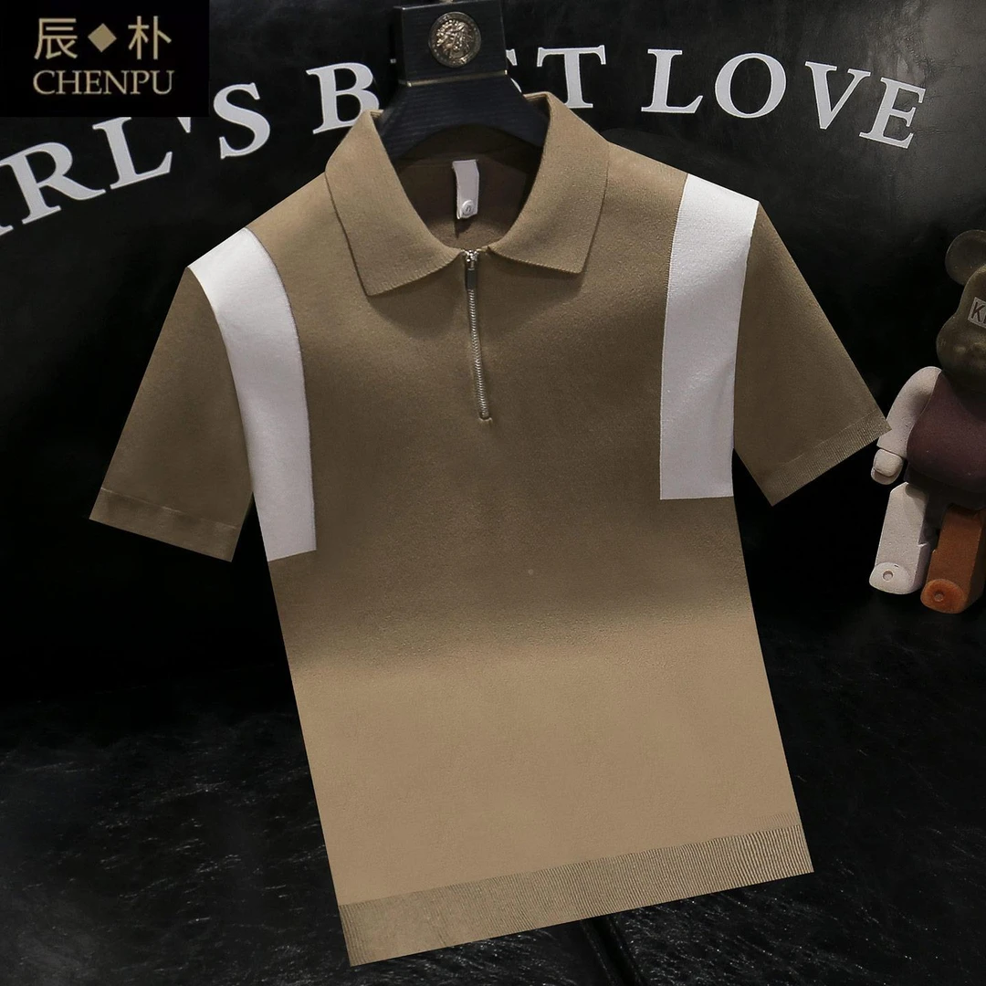 2025夏季新款冰感拼色针织短袖Polo衫男时尚休闲舒适薄款翻领t恤