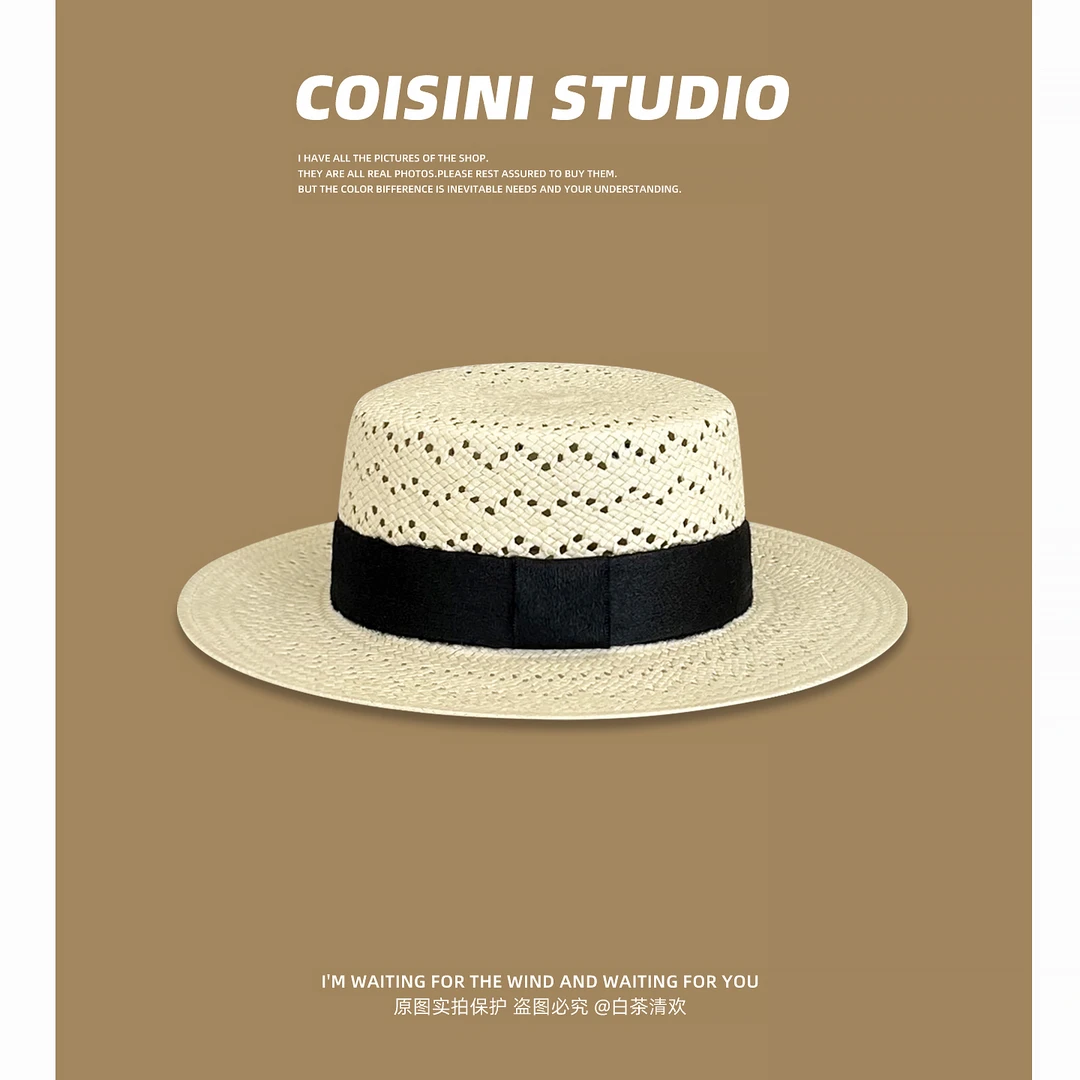 小香风格春夏新款法式度假平顶礼帽女手工编织镂空遮阳防晒草帽子