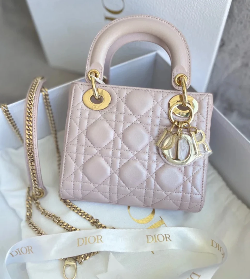 99新 DIOR/迪奥 迪奥戴妃珠光粉金三格戴妃单肩斜挎包