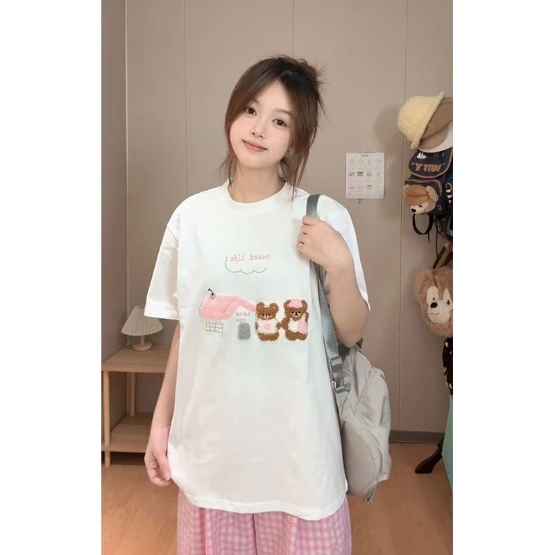 宽松短袖t恤女夏季可爱小熊刺绣百搭潮流休闲半袖上衣纯棉中长款