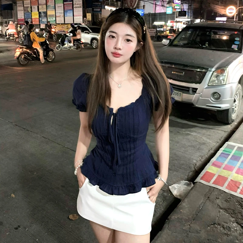 2025夏季时尚洋气泡泡袖收腰显瘦衬衫上衣女白色半身a字短裙子