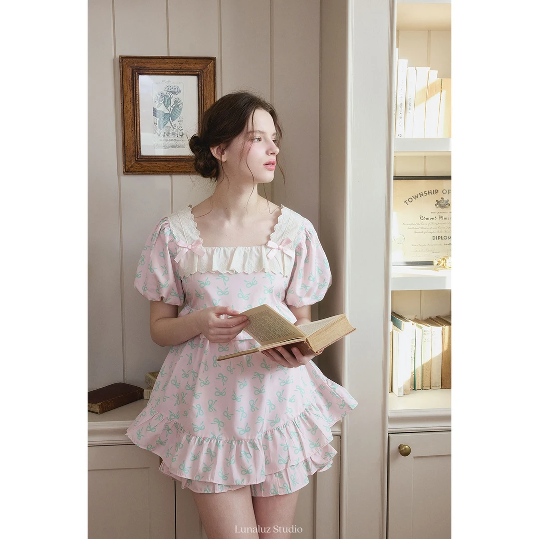 lunaluz韩国品牌正品进口睡衣套装粉色方领家居服夏季新款睡衣套