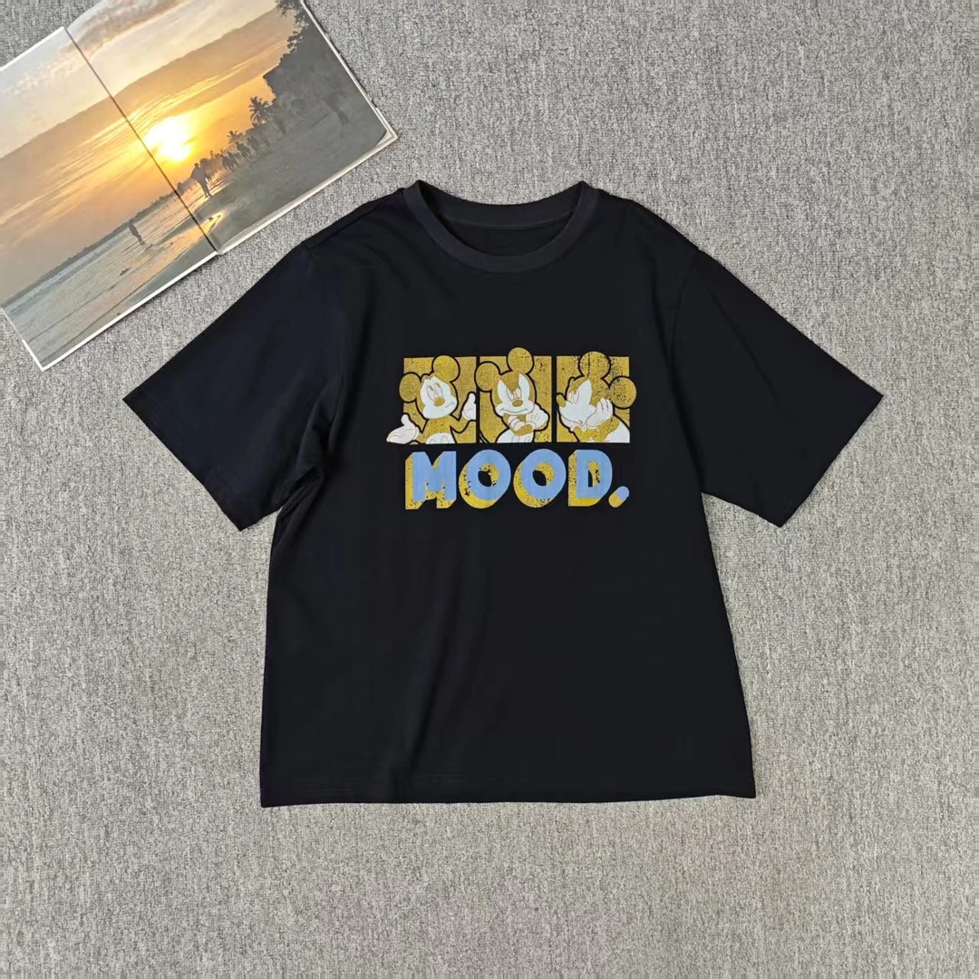 13391余小鱼【三只奇奇】藏青色卡通字母印花夏季休闲短袖T恤女装