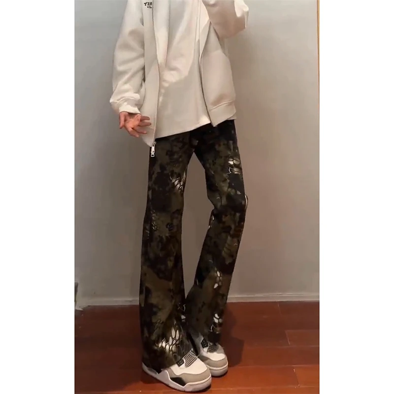 迷彩蛇纹微喇牛仔裤男款春季美式痞帅高级感裤子显腿长直筒工装裤