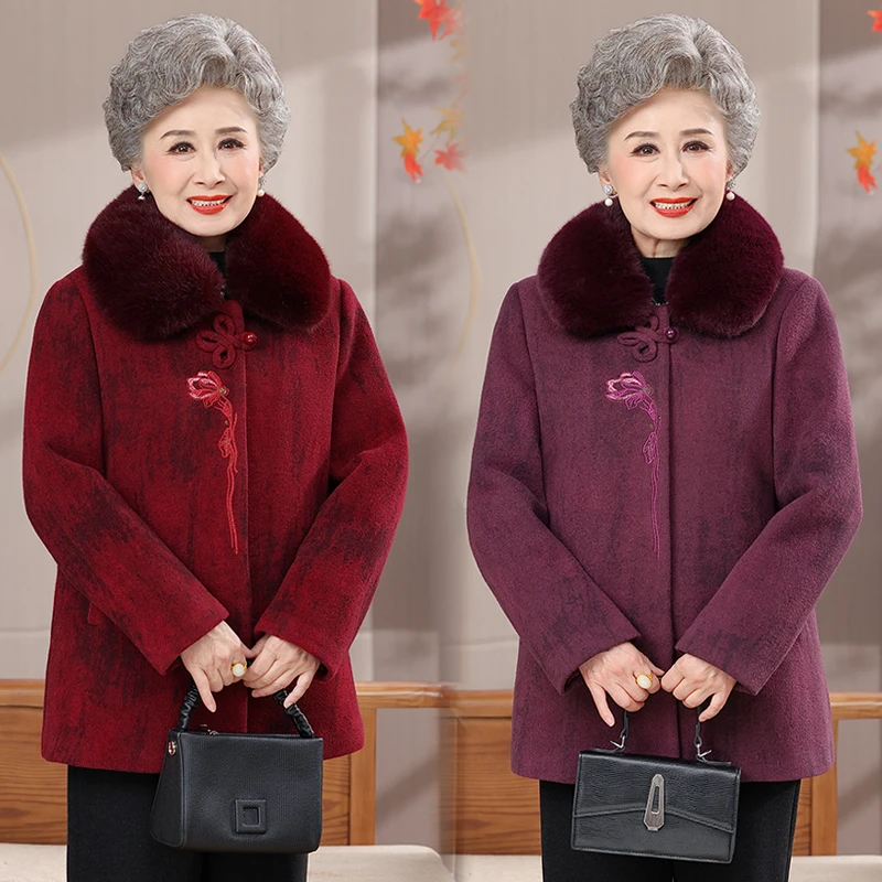 奶奶加绒外套中老年女装大毛领加厚毛呢保暖棉服中长款冬季呢子衣
