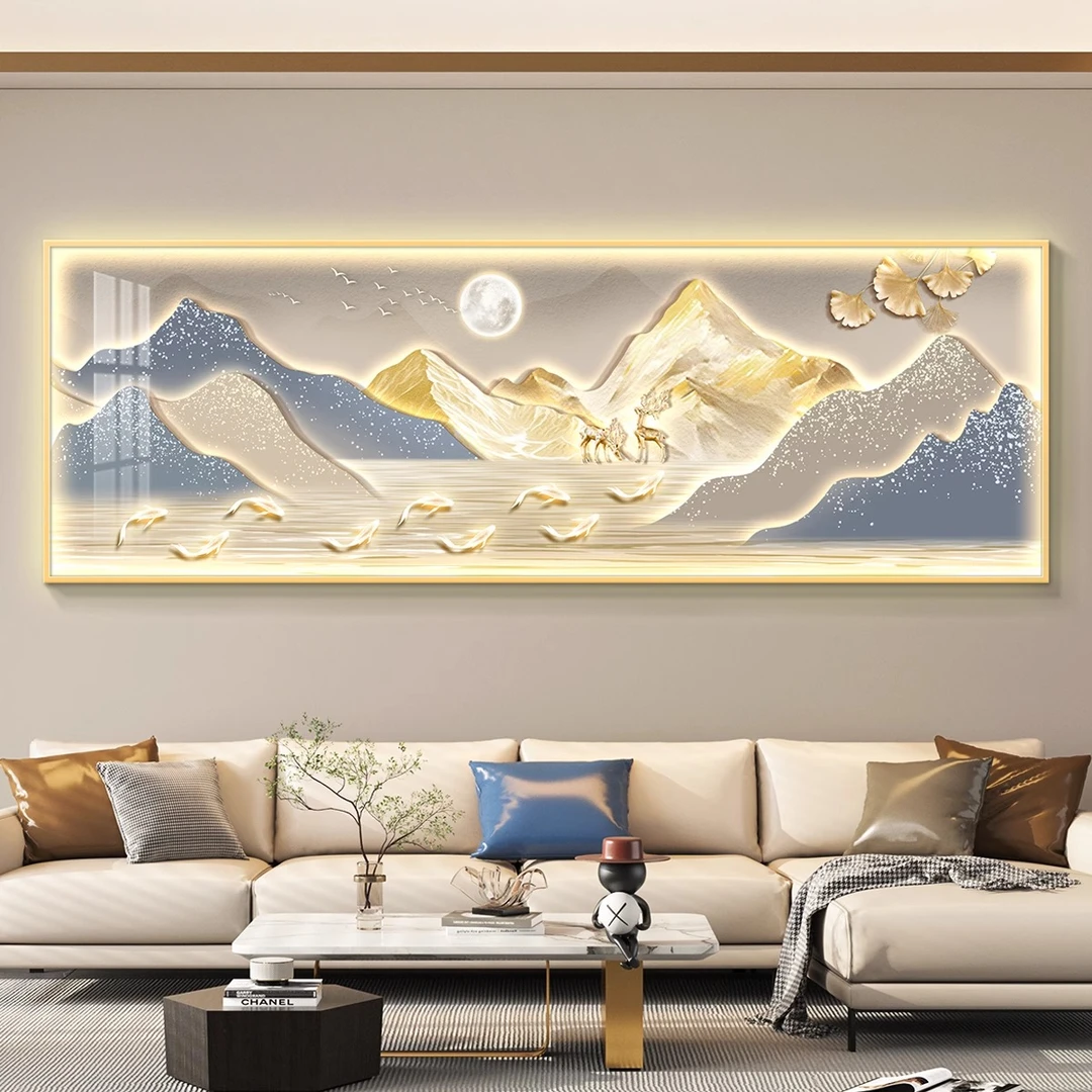 背靠金山led灯轻奢客厅装饰画沙发背景墙挂画壁画简约现代高级感