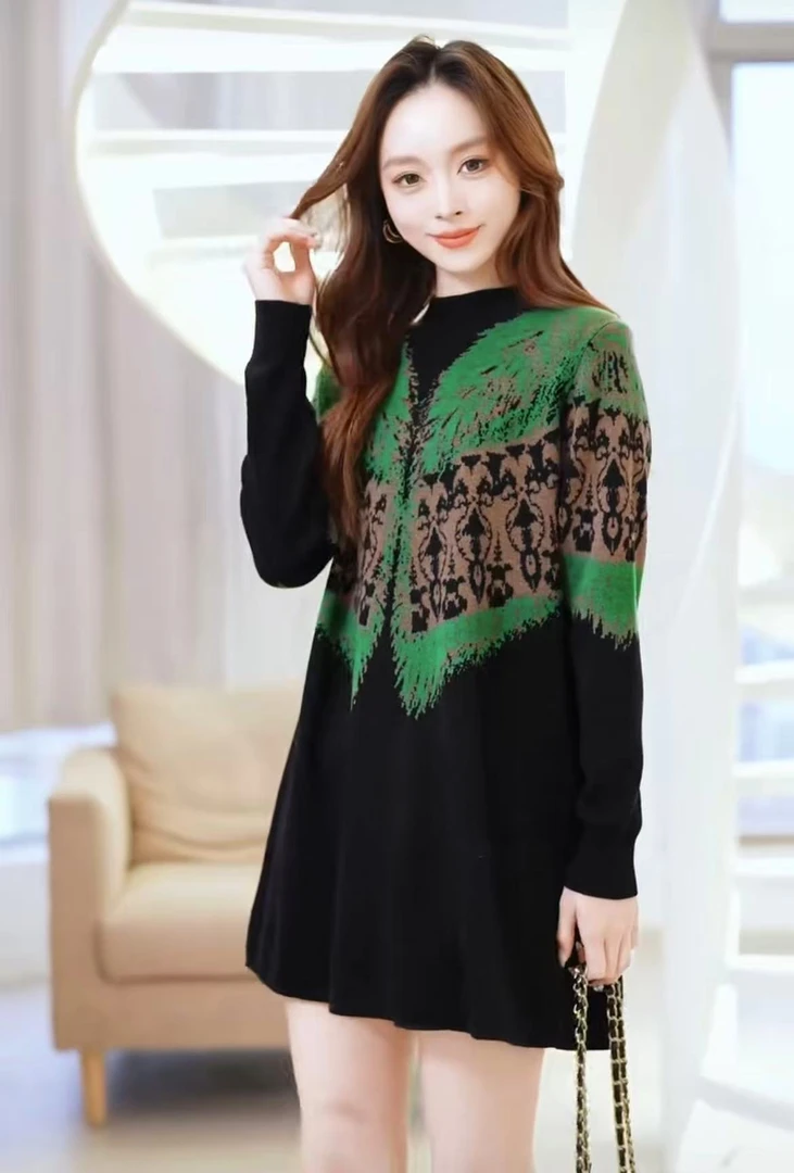 【216】秋冬新款时尚气质又显瘦中长款提花洋气妈妈装连衣裙